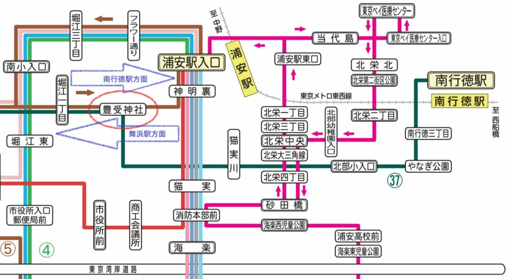 浦安駅方面は循環線なので浦安駅からは通らない（東京ベイシティバスの路線図を記者において加筆）