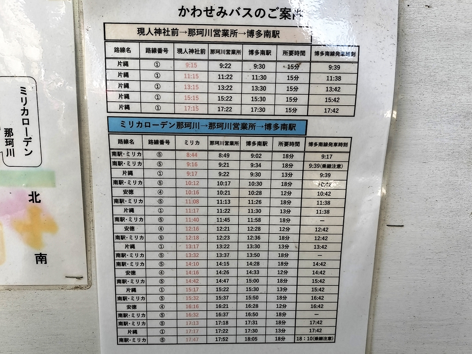 現人神社拝殿にはバス時刻表が掲示されている