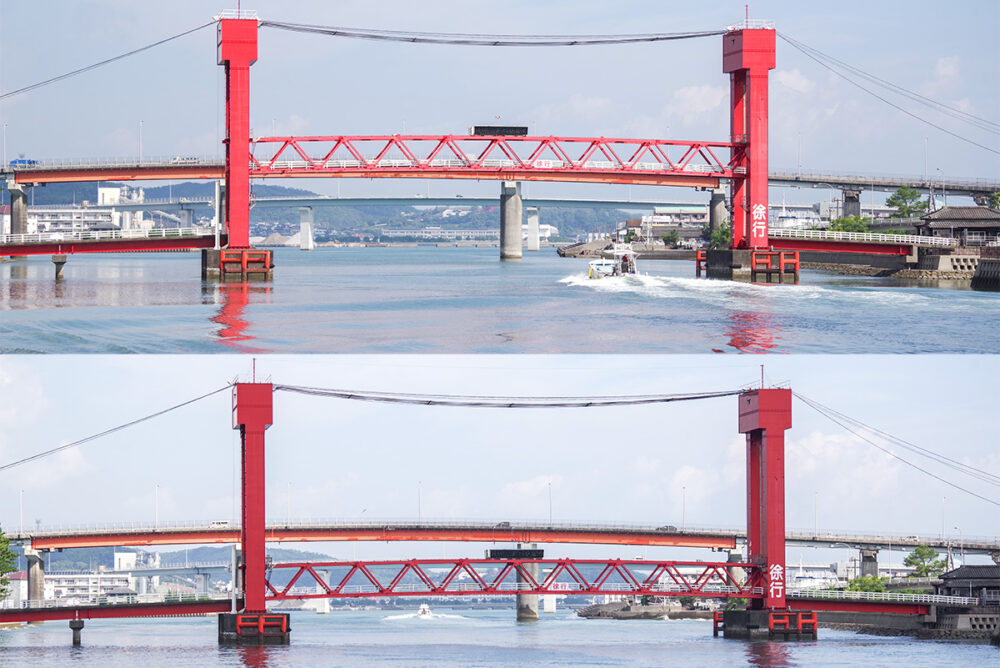 本渡瀬戸海峡に掛かる、船が近づくと桁が昇降する歩道橋がかっこいい