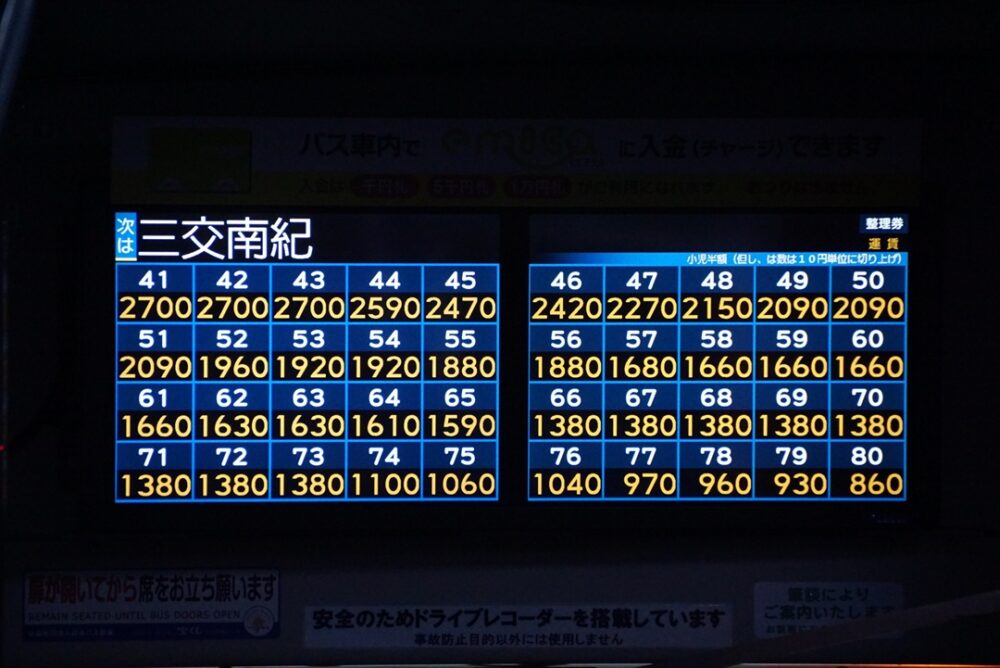 三交南紀到着前の運賃表