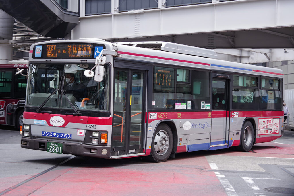 東急バスでは青をノンステップ車の識別色にも利用している（東京都）