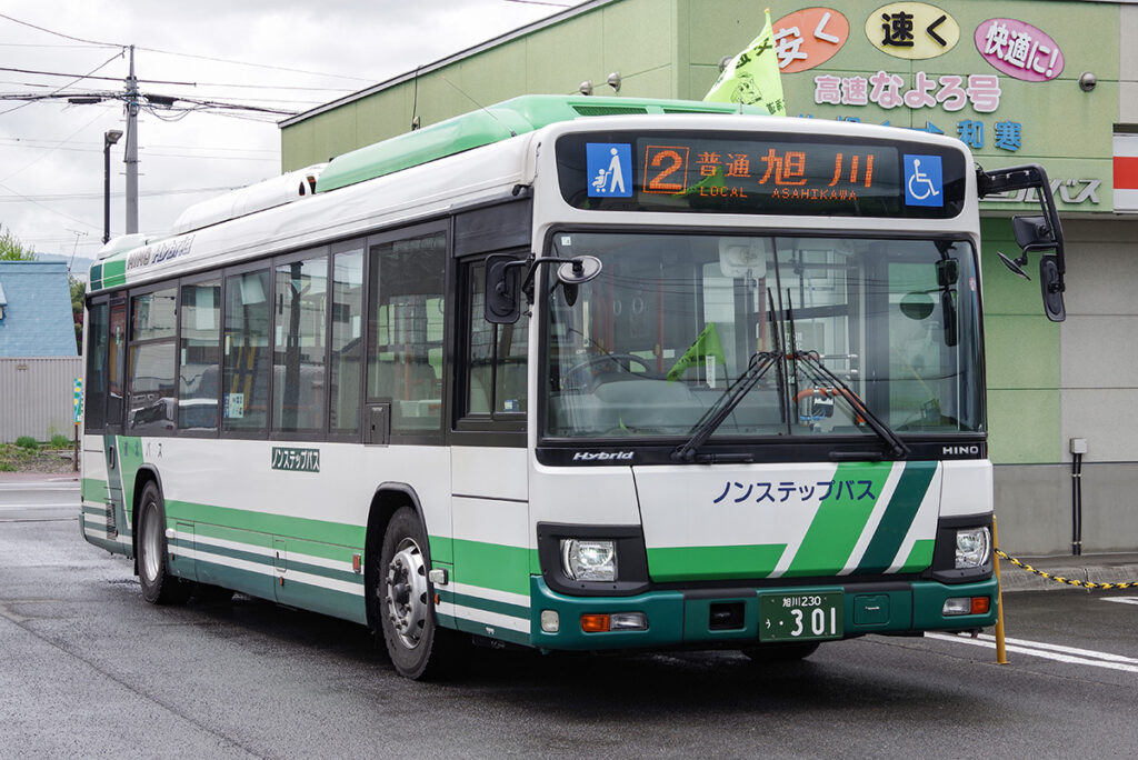 前は青色・側面は緑地に白の変則的な配色の道北バス（北海道）