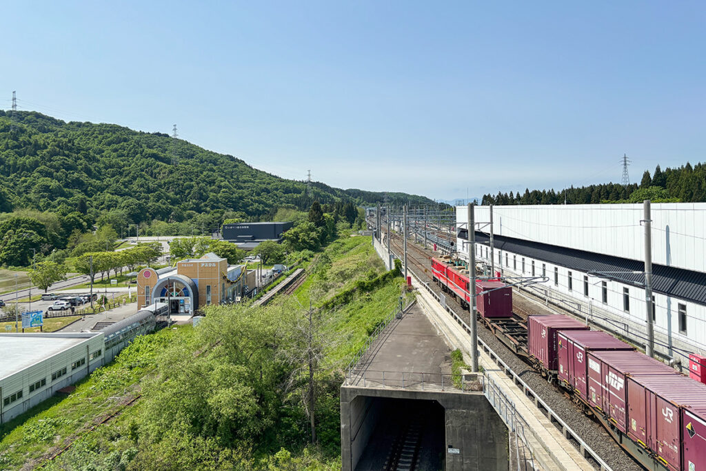 左寄りに津軽線の線路と津軽二股駅ホーム、海峡線と貨物列車を挟んで右寄りに奥津軽いまべつ駅が見える