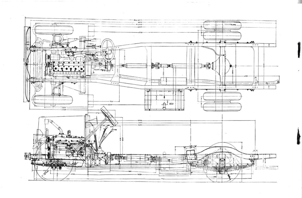 いすゞBX40シャーシの寸法図　『商工省標準形式いすゞBX40型自動車取扱説明書（1936）』より