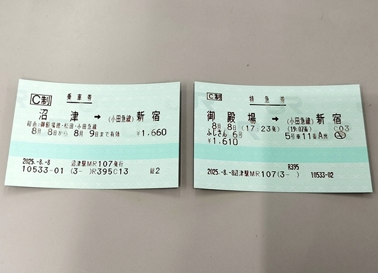沼津から小田急線新宿までの乗車券とロマンスカーの特急券