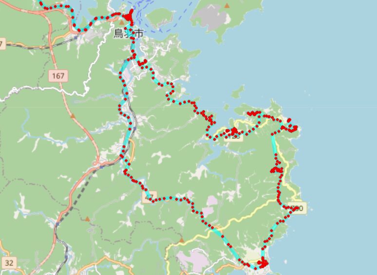 GPSから位置情報をプロットした実際に乗車した鳥羽市営バスの経路