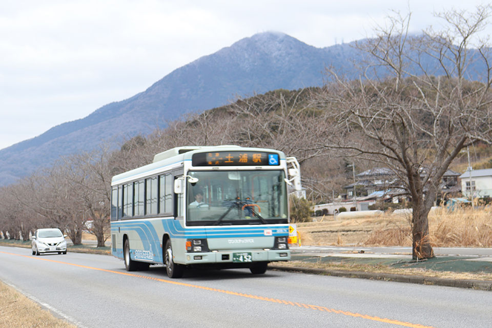 筑波山を背に筑波鉄道廃線跡のりんりんロード脇の県道14号線を行く土浦駅行路線バス