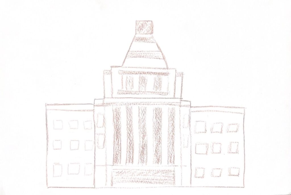 国会議事堂は左なのに右手？（筆者書）