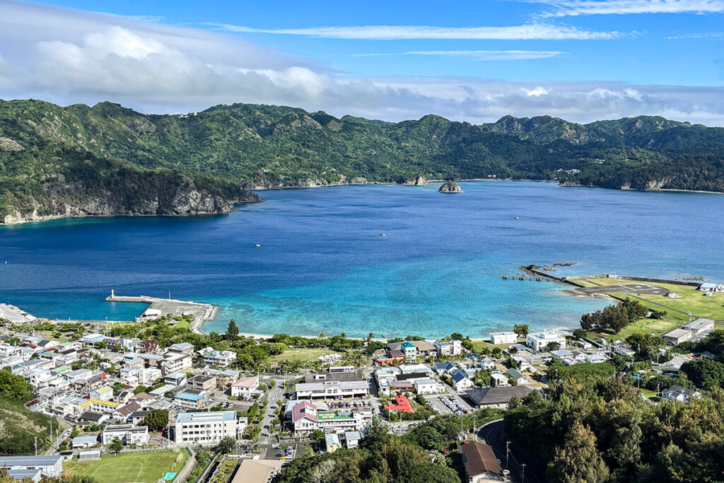 小笠原の父島。湾内に港を擁する市街地が広がる