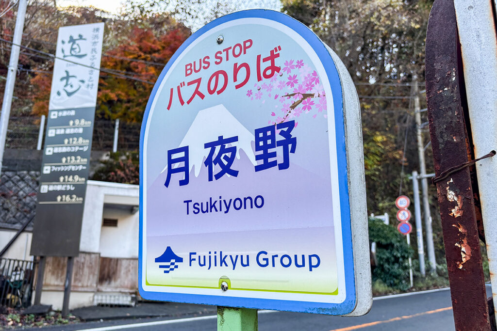 停留所名表示部分の背景に富士山と桜のイラストが添えられている