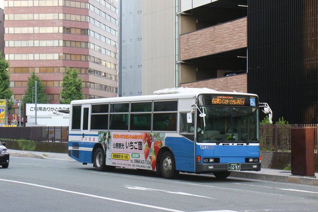 車体側面の一部分だけ広告を入れた例（産交バス）。文字と写真がバランスよく配置され見やすい