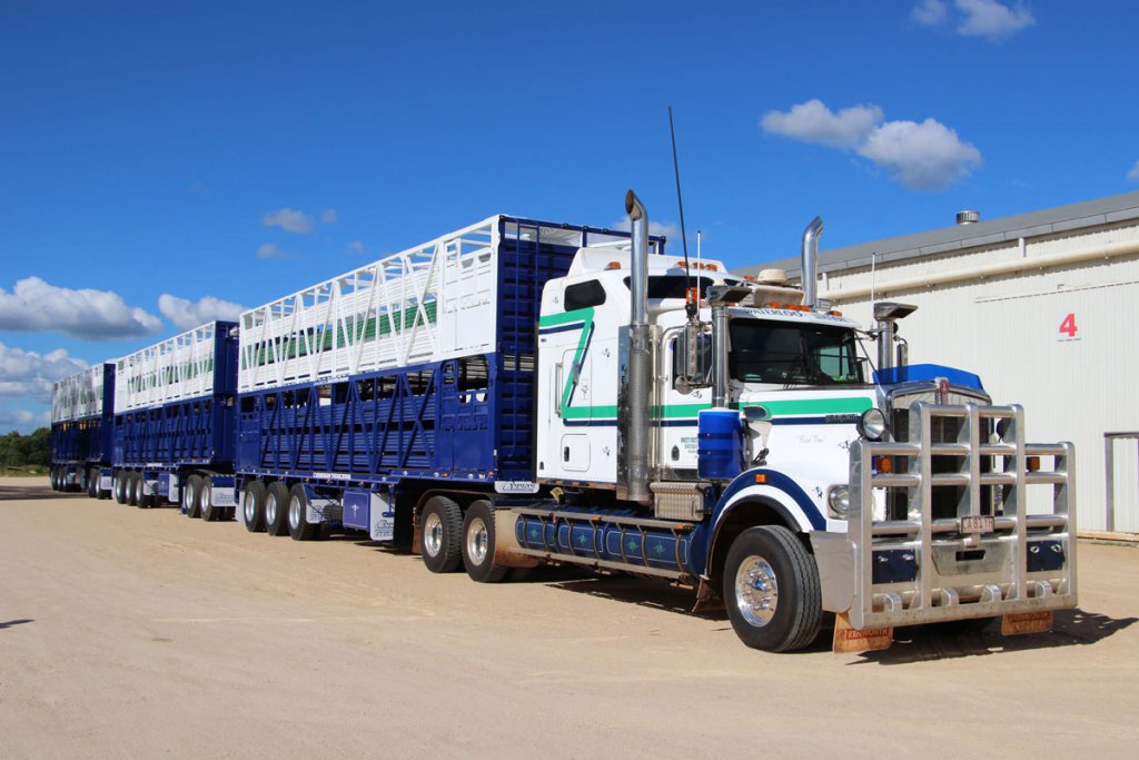 ロードトレインタイプの家畜運搬車。架装メーカーはオーストラリアのキャノントレーラ社