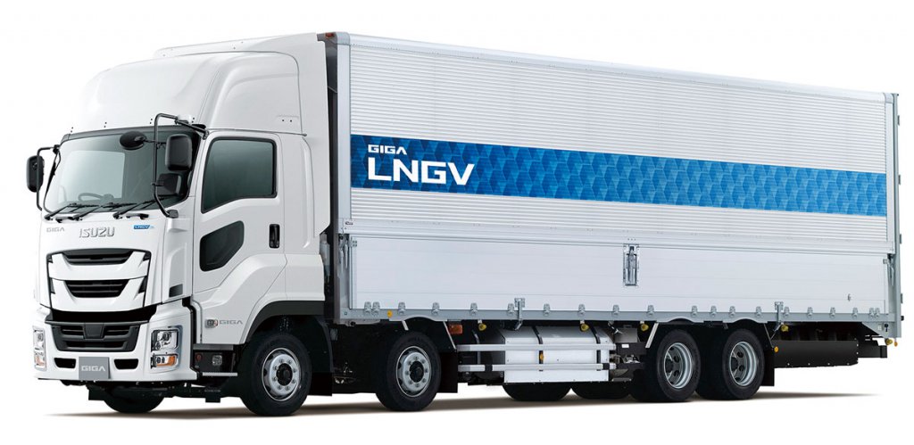 いすゞギガLNGV(液化天然ガス車)。オットーサイクルの水素エンジン車は、ガス燃料エンジン技術にかなり近い面がある