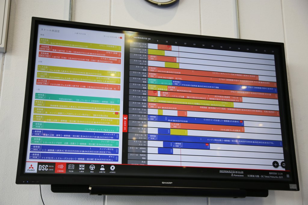 デジタルサービスセンターを象徴する「デジタル管理ボード」。工場の入庫・作業状況等がひと目で確認できる