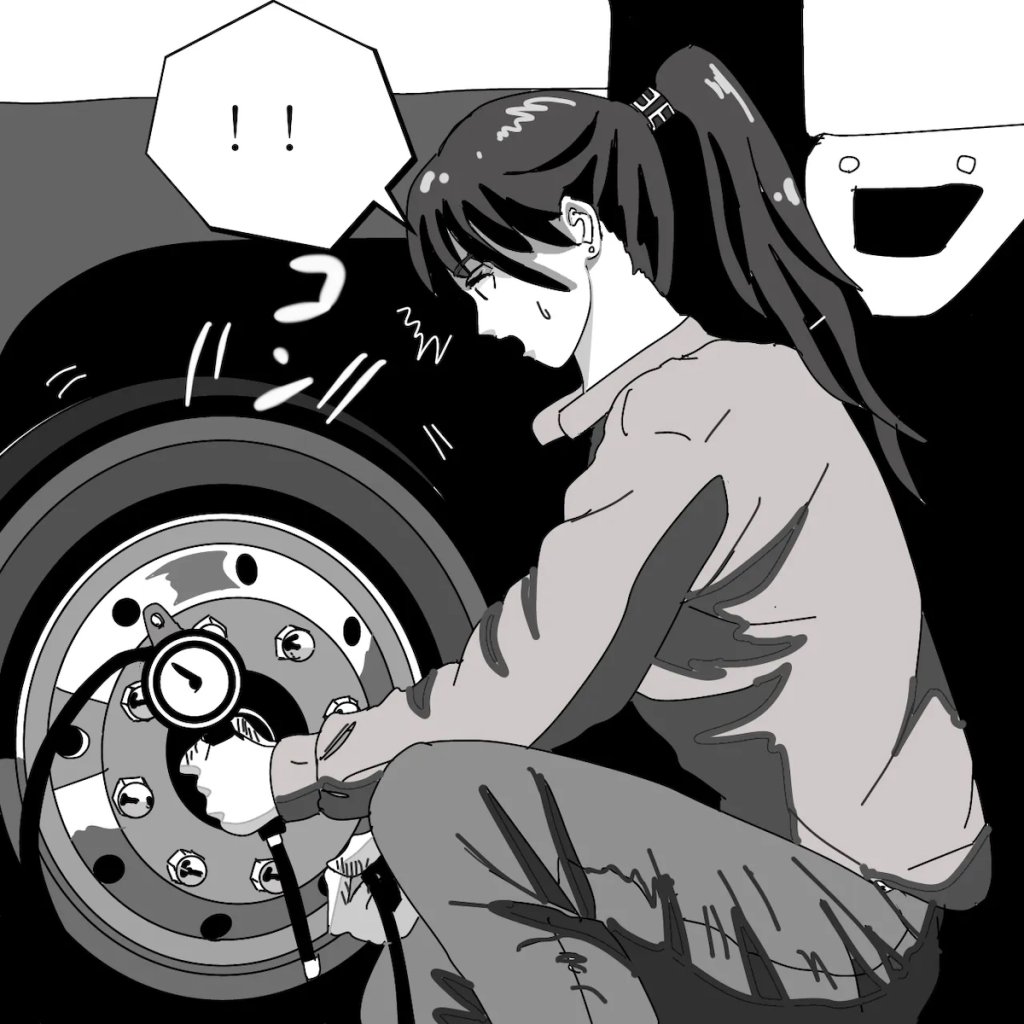 ケージに入れられないタイヤの近傍での充填の一例。充填中にタイヤから『コン！』とか『プチ！』『ポコッ！』という音か聞こえたら直ぐに離れてください。タイヤ内部のワイヤーが切れていく音でバースト必至です