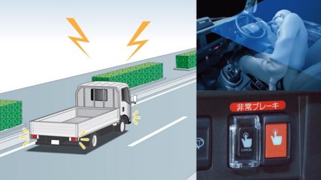 ドライバーの異常時に車両停止を行なうEDSSのイメージ。緊急時には自動ブレーキを作動させ、クラクションが鳴りハザードランプも点滅する