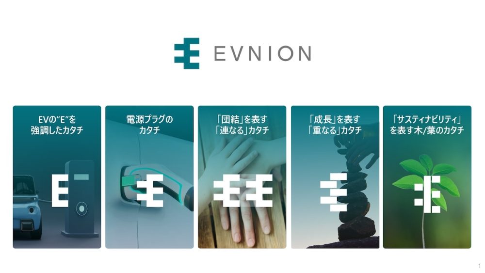 イブニオン（EVNION）の名は、EVを取り巻く全てのモノやヒト、コトをつなぐプラットフォームとなることを目指し、EV＋UNION（団結、つながり）から命名