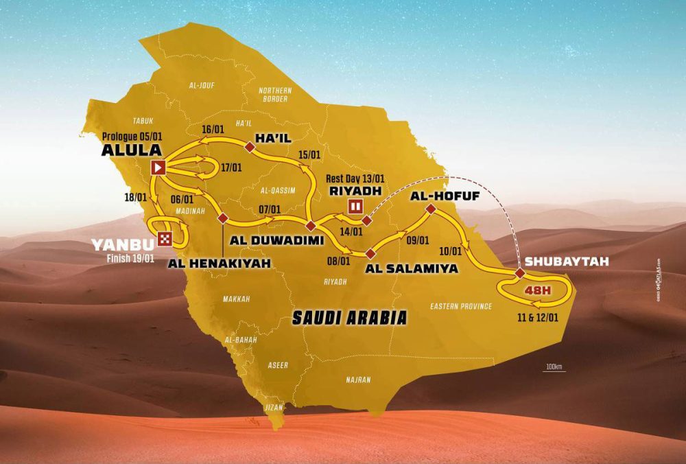 ダカールラリー2024のルート。1月11日・12日にはルブアルハリ砂漠を舞台に最難関「48hクロノ」が行われた