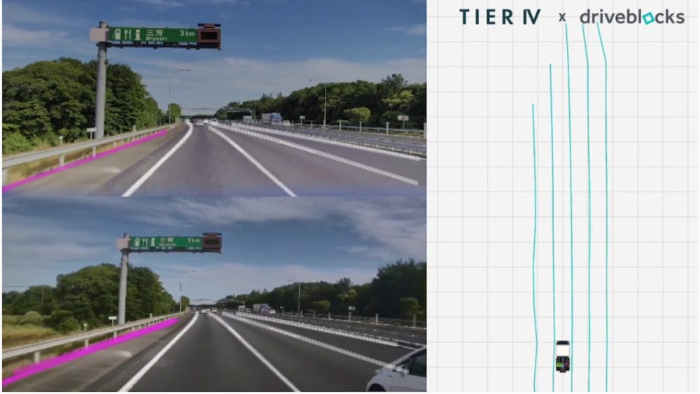 マップレス自律プラットフォームの実証実験の様子。前方カメラから検出された車線マーキング（左）と検出された道路の鳥瞰図（右）