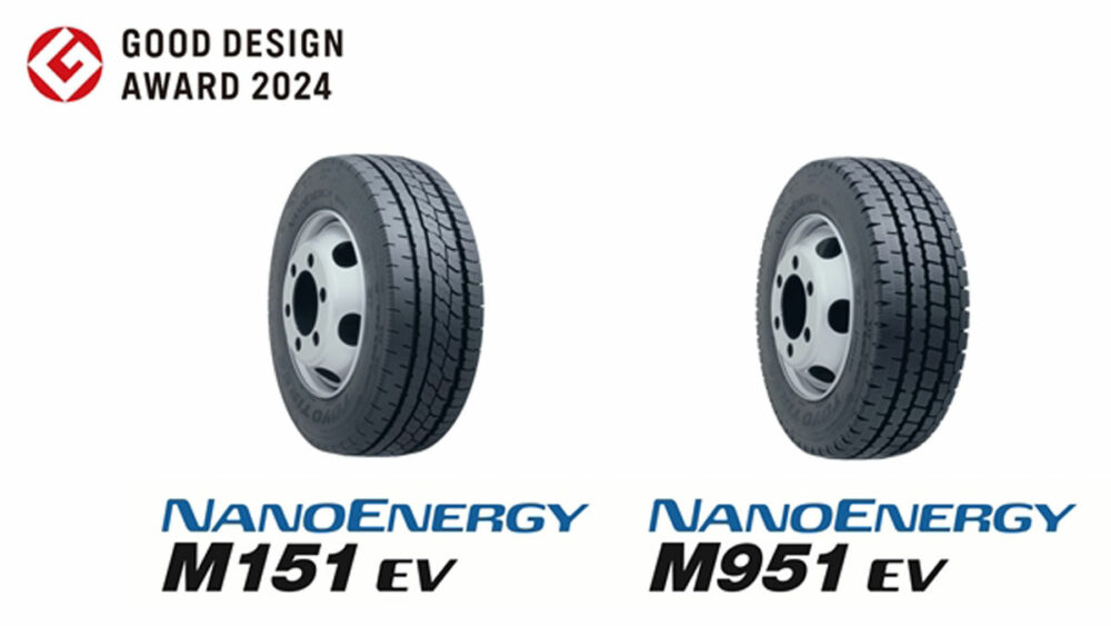 2024年度グッドデザイン賞を受賞した小型EVトラック専用タイヤ。2商品とも非対称トレッドパターンを採用する