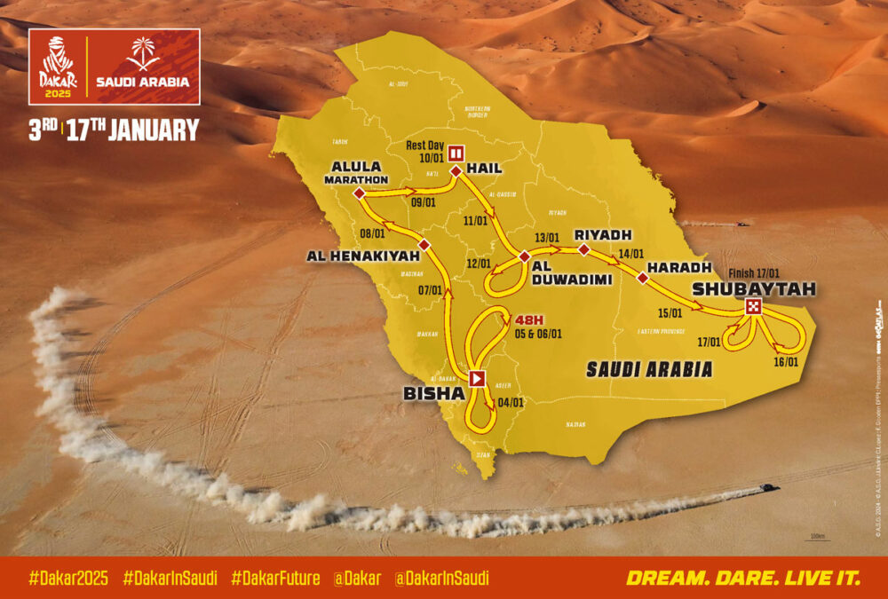 サウジアラビアで開催されるダカールラリー2025のルート。前回初の試みとなった1つの競技区間を2日間に渡って行なう「48Hクロノ」マラソンステージは今回大会序盤に盛り込まれた