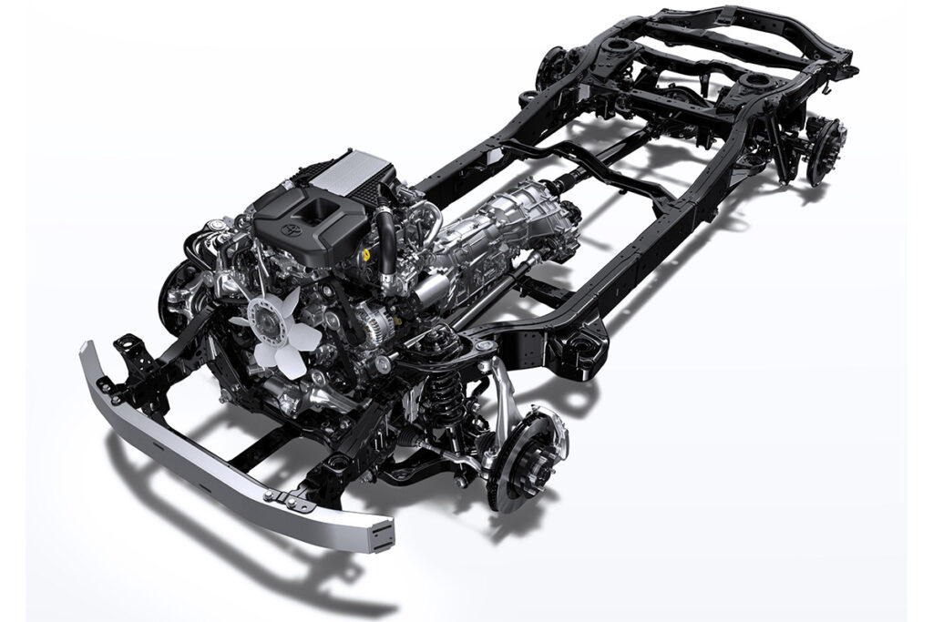 トヨタのSUV「ランドクルーザー250」のセパレートフレーム式シャシー。はしご型フレームにパワートレーンとボディをマウントする作りは、形状は大きく違いこそすれトラックと同じ基本構造である