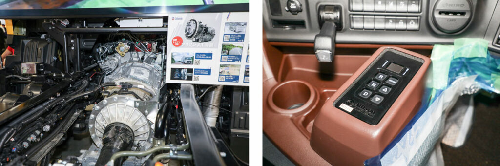 FS除雪車シャシーの「アリソン4400」。走りながら架装物を動かすためATとエンジンの間にフライホイール式PTOを搭載する。セレクターはボタン式が採用されていた