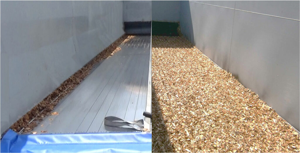 木材チップ排出後の残量比較。左が残量低減装置あり、右がなしだ