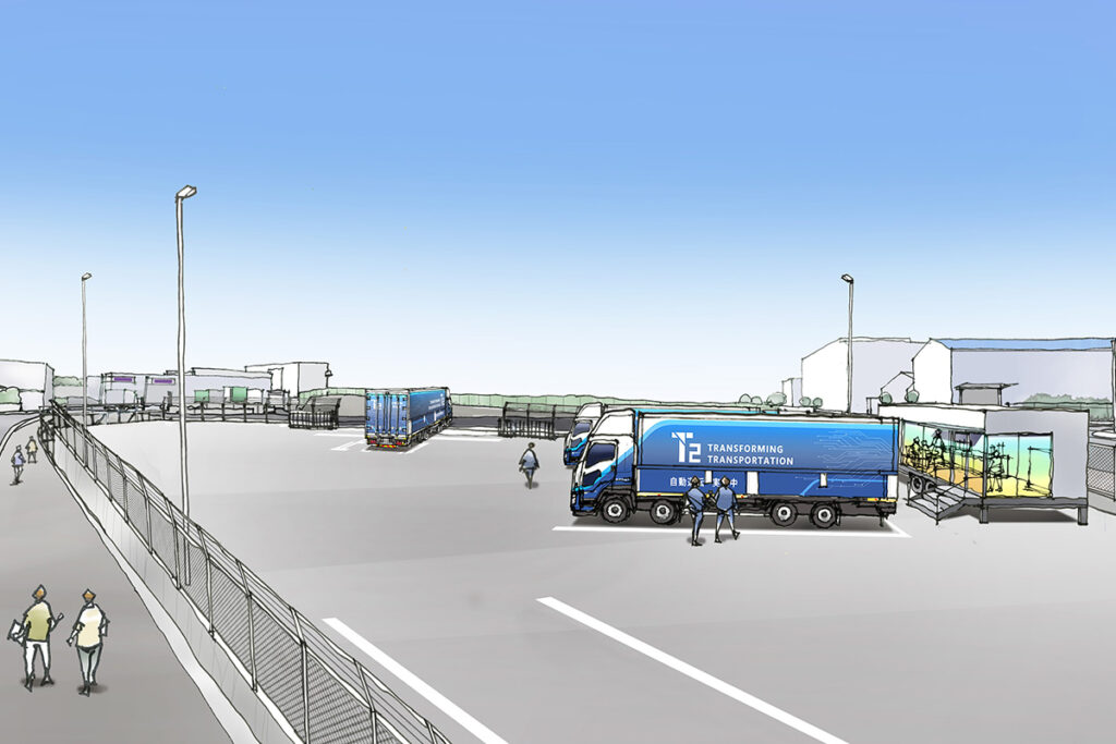 T2切替拠点の完成予想図には、複数の自動運転トラックが駐車できるスペースと、ドライバーの詰所や自動運行を検証するためのステーション(トレーラハウス)が描かれている