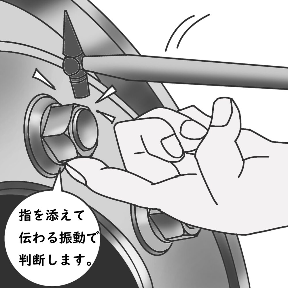 叩いた音の違いや指に伝わる振動で緩みんでるナットを特定します。ある程度練習した方が確実