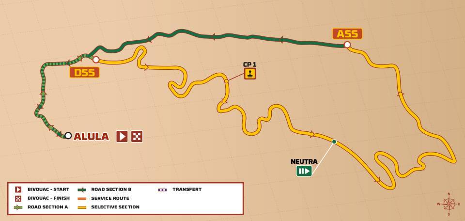 アルウラを基点に反時計回りに巡るループコースが設定された第3ステージ(黄色が競技区間、緑が移動区間)