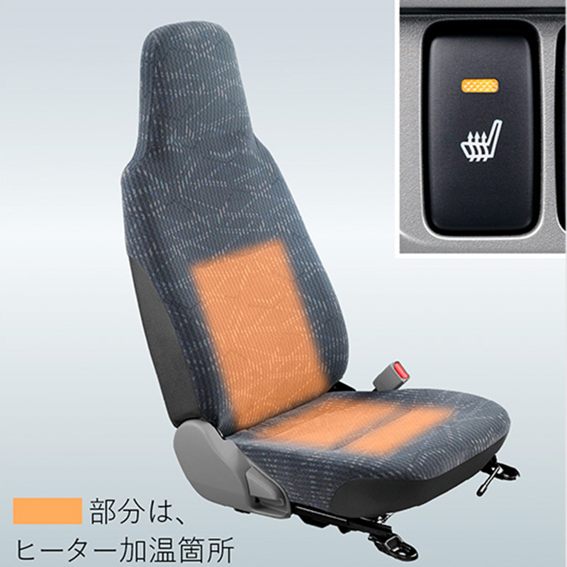 新たに設定された運転席シートヒーター。Gパッケージ専用オプションのプリントトリコット地シートを示している