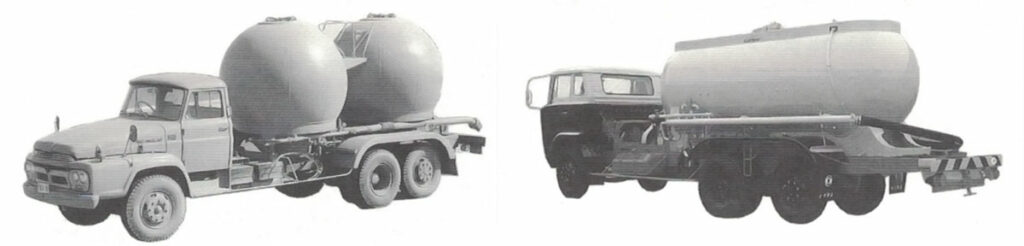 左、1967年2月に球形タンクでの市販1号車となったジェットパック。しかし球形では全高が高くなってしまうため、1969年からは円筒形のジェットパック（右）に切り替えられた