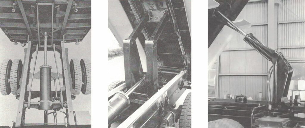 左、ガーウッド型ホイストメカニズム（5〜6トン用KR42型）。中、ハイル型ホイストメカニズム（10トン用VE211型）。右、ごうりきダンプホイストメカニズム