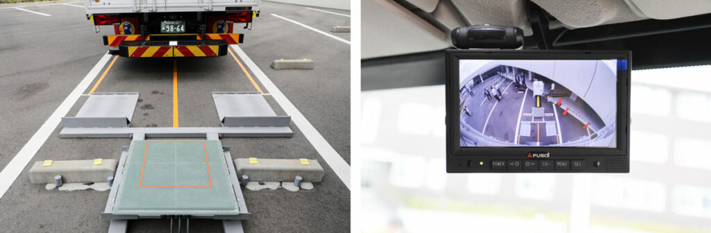 送電コイルユニットと車止め。「位置ズレ」は充電効率の低下や漏洩磁界の増加を招く可能性があるためワイヤレス充電の課題といえる