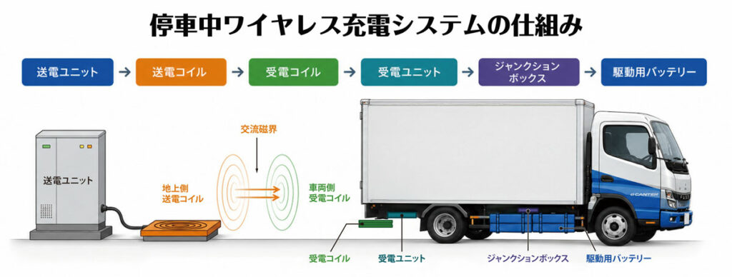 磁界共鳴方式のEVワイヤレス充電のイメージ