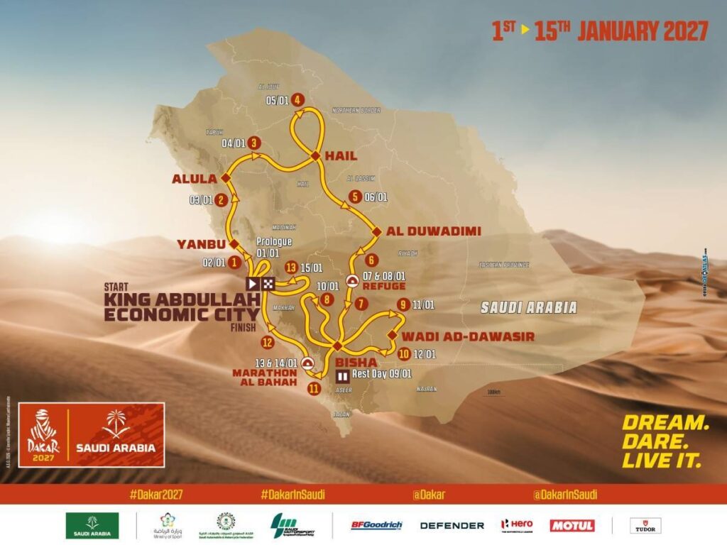サウジアラビア西部を舞台とする2027年大会のルート。走行が難しい南東部のルブアルハリ砂漠は前回と同様に除外されている